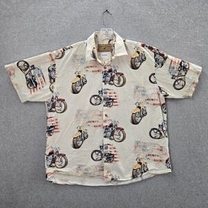 North River Men Button Up Shirt XL Cream Motorcycle All Over Print Collar